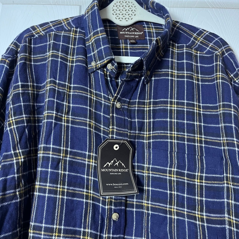Mountain Ridge Mens XXL Flannel Shirt Navy Blue Yellow Plaid Cotton NWT